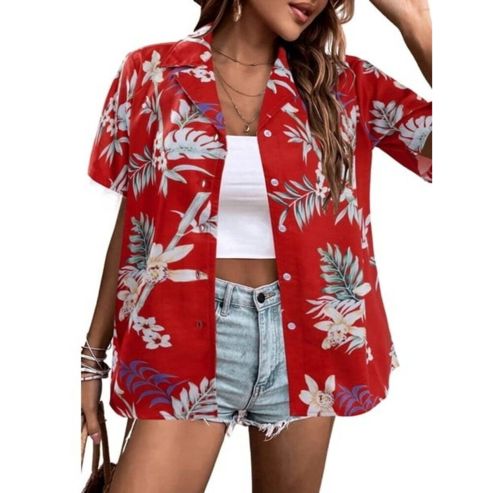 Red Floral Short Sleeve Button Down Shirt Tropical Hawaiian Camp Shirt Size L
